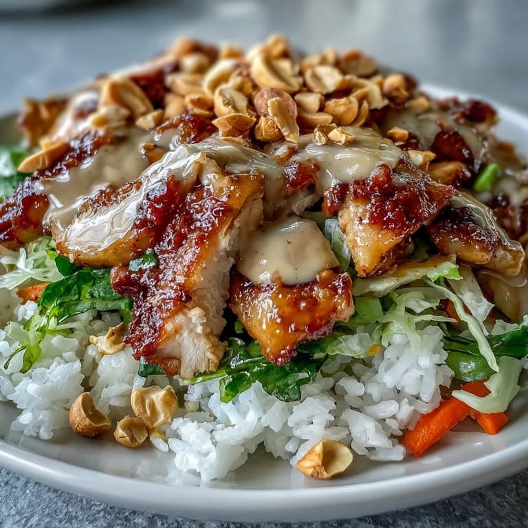 Colorful shredded carrots and crisp red cabbage add crunch to the warm Peanut Chicken Protein Bowl, paired with aromatic coconut rice and lime wedges.