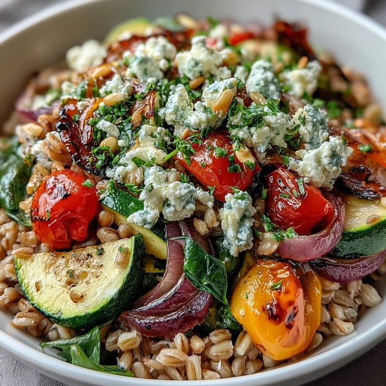 A wholesome Farro Pasta Bowl tossed with spinach, cherry tomatoes, and a zesty lemon-olive oil dressing.