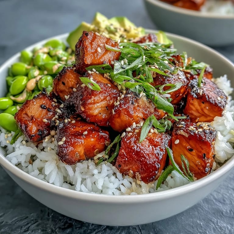 A close-up of a Salmon Rice Bowl, drizzled with spicy sriracha mayo and sprinkled with sesame seeds.