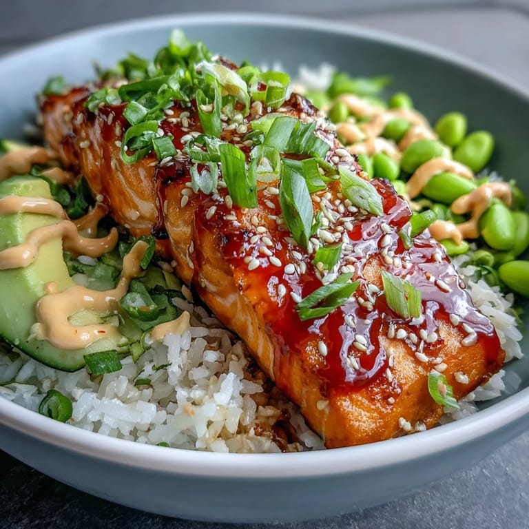 Crisp cucumber and creamy avocado accompany glazed salmon in this vibrant, steaming Honey Sriracha Salmon Bowl.