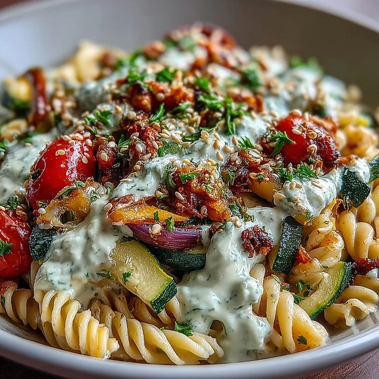 Close-up view of a Chickpea Pasta Bowl featuring creamy tahini sauce and colorful veggies.