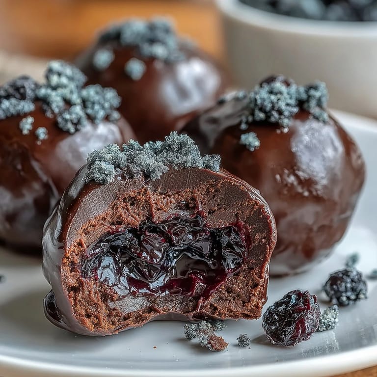 Homemade Black Currant Chocolate Truffles garnished with crushed freeze-dried fruit for a tart finish.