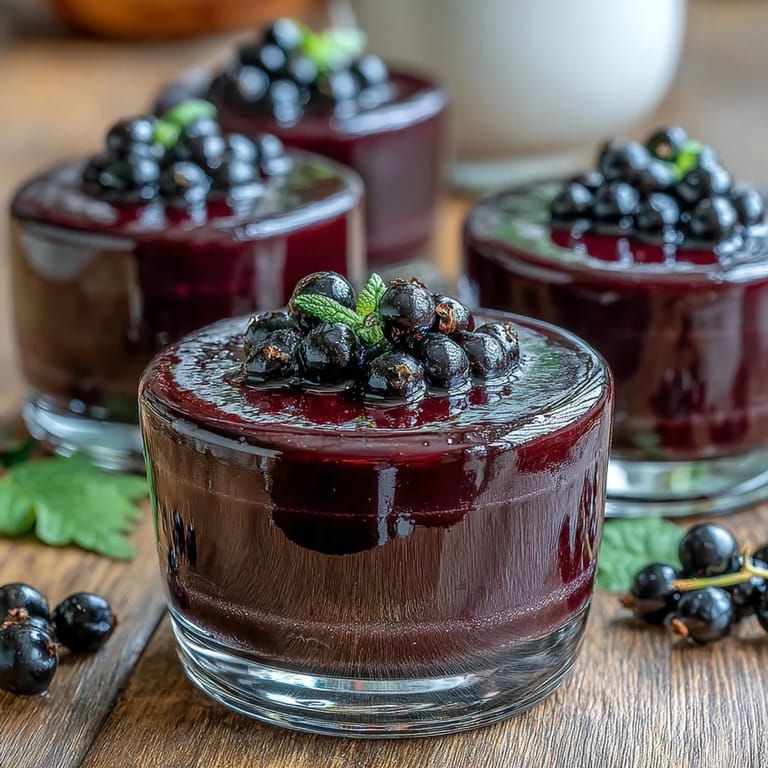 Four elegant Black Currant Panna Cottas topped with deep purple glaze, perfect for a sophisticated summer dinner party dessert.