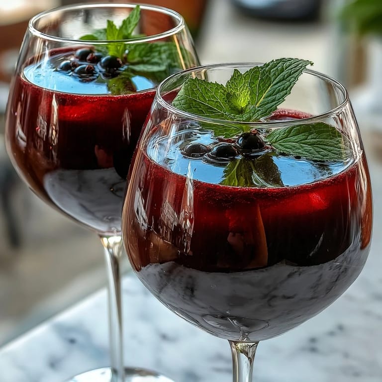 Two glasses of vibrant Black Currant and Cassis Cocktail, filled with ice and topped with fresh blackcurrants. 