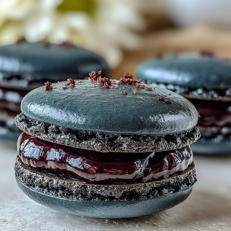Close-up of a hand holding a Black Currant Macaroon filled with glossy ganache, ready to serve on a dessert table.