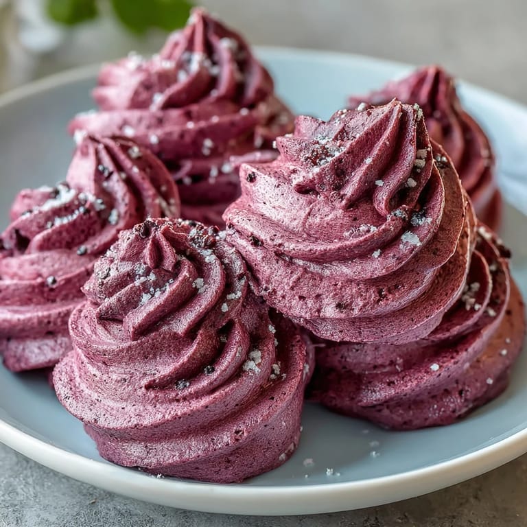Freshly baked Black Currant Meringues, crisp and light, served on a white plate next to fresh berries.
