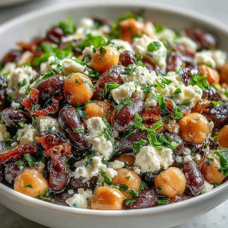 Tangy Divorce Salad with chickpeas, black beans, and feta, marinated in olive oil and red wine vinegar, served on a rustic wooden table.