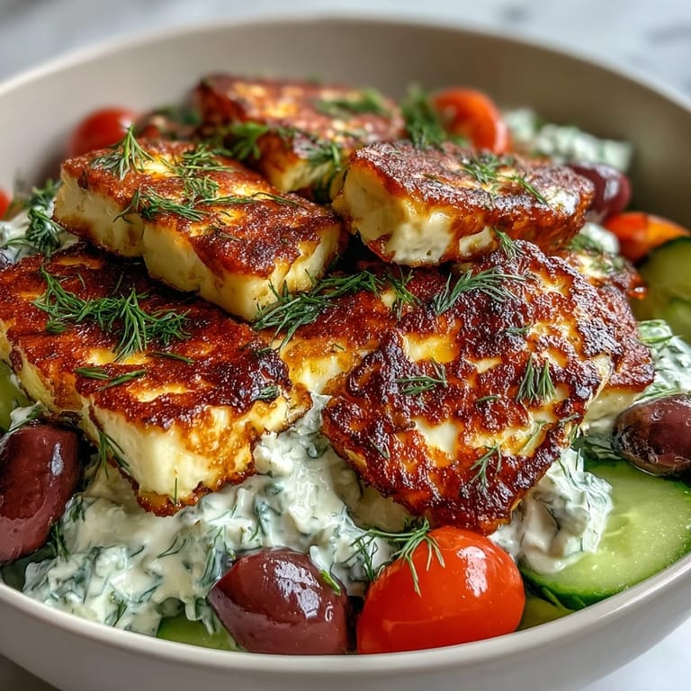 A close-up of a Greek Halloumi Power Bowl featuring seared cheese, creamy tzatziki, and dill garnish.