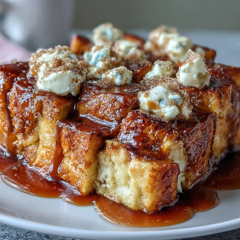 Golden brown Caramel Cream Cheese French Toast Casserole served fresh from the oven with a creamy, custardy interior.