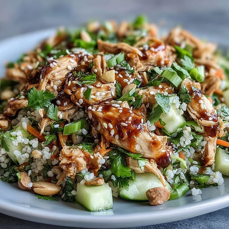 Asian Sesame Chicken Couscous Salad plated in a white bowl, featuring tender Israeli couscous, juicy chicken, and colorful veggies, drizzled with zesty sesame-ginger dressing and a squeeze of fresh lime.