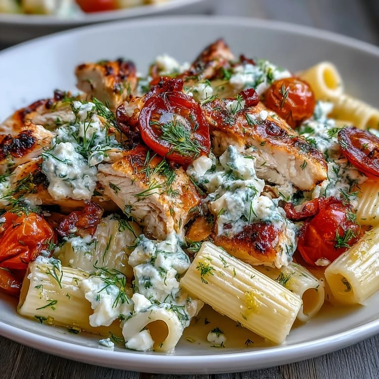 A skillet of Roasted Garlic & Feta Chicken Pasta with creamy feta crumbles, bright lemon zest, and aromatic roasted garlic, ready to be served family-style.
