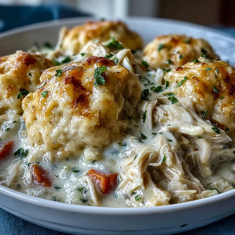 A close-up of a ladle serving Slow Cooker Ranch Chicken & Dumplings into a white bowl, showcasing tender shredded chicken and rich, ranch-seasoned broth.