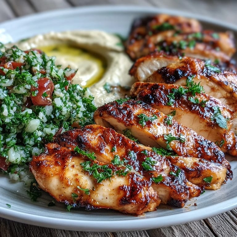 Grilled chicken marinated in Mediterranean spices sits next to a bowl of hummus and herb-packed tabbouleh salad on a dark wooden table.