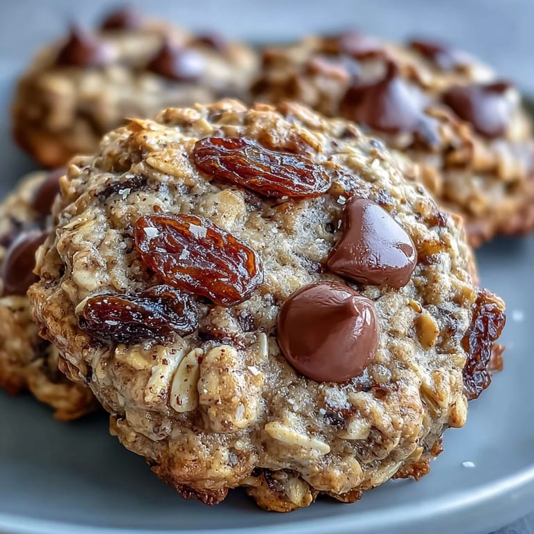 Wholesome Vegan Banana Oat Breakfast cookies studded with raisins and chocolate chips on a wooden board.
