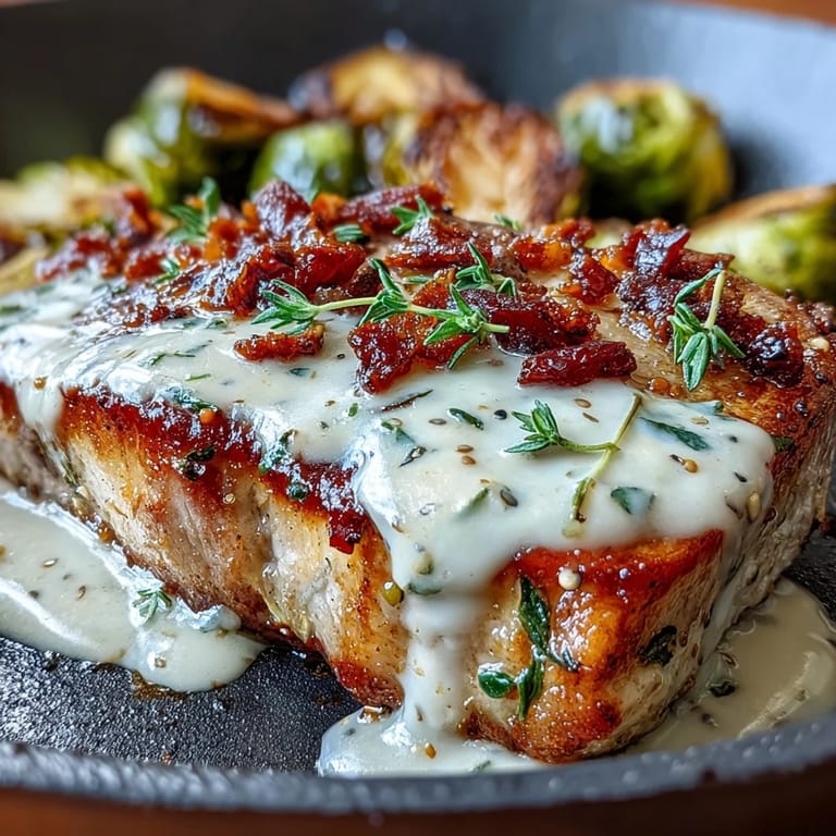 Savory keto pork chops in a rich Dijon pan sauce, paired with olive oil roasted Brussels sprouts.