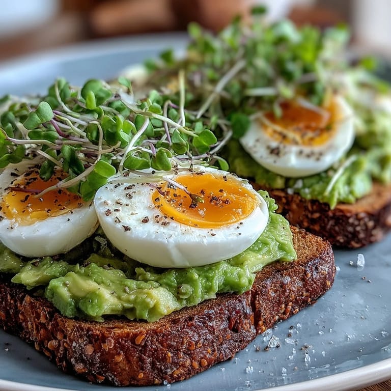 A close-up of Clean Eating Avocado Toast with Soft-Boiled Egg and Microgreens, featuring vibrant greens, golden yolks, and a drizzle of olive oil.