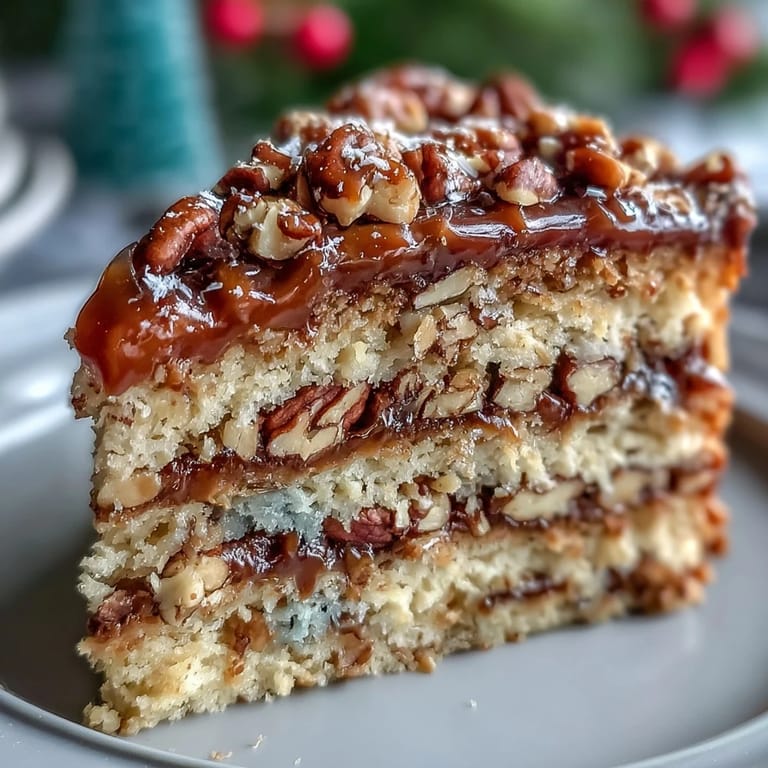 Sliced wedge of Christmas Toffee Crunch Cake reveals soft crumb with buttery toffee and pecans.