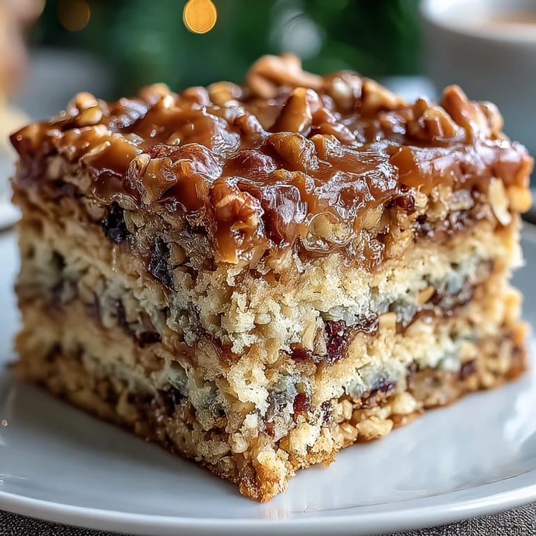 Decadent holiday dessert cake with crunchy toffee and nut topping on a festive platter.