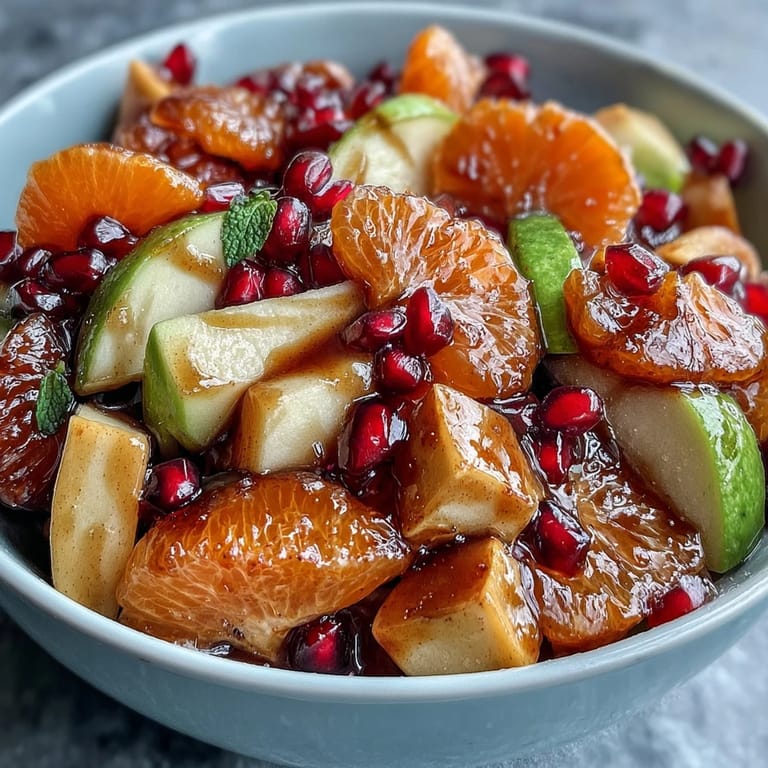Vibrant seasonal fruit platter with citrus, apples, and pomegranate glistening under a fragrant cinnamon vanilla dressing for special gatherings.