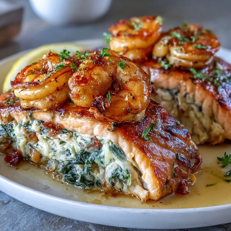 3. Tender salmon fillets filled with a rich seafood mixture of crab, shrimp, and jalapeño, finished with paprika-seasoned shrimp for a flavorful main dish.