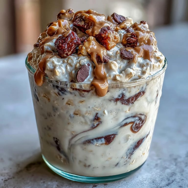 Wholesome overnight oats layered with peanut butter swirls and mini chocolate chips, ready to enjoy.