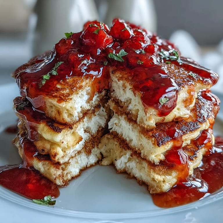 Protein-rich cottage cheese pancakes drizzled with fresh strawberry syrup, perfect for a wholesome morning meal.