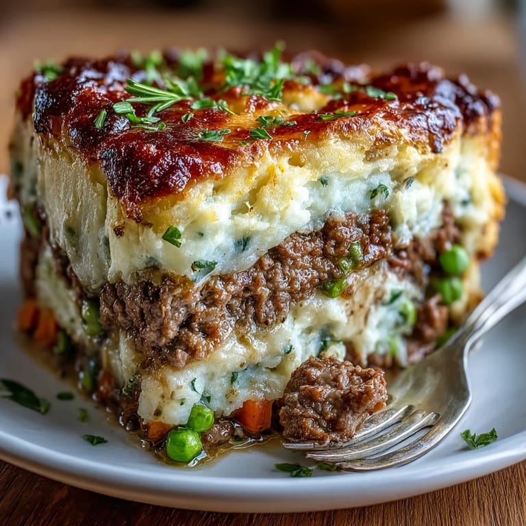 Lighter shepherd's pie with cauliflower mash, featuring tender ground meat, vegetables, and smooth, golden-brown cauliflower topping.