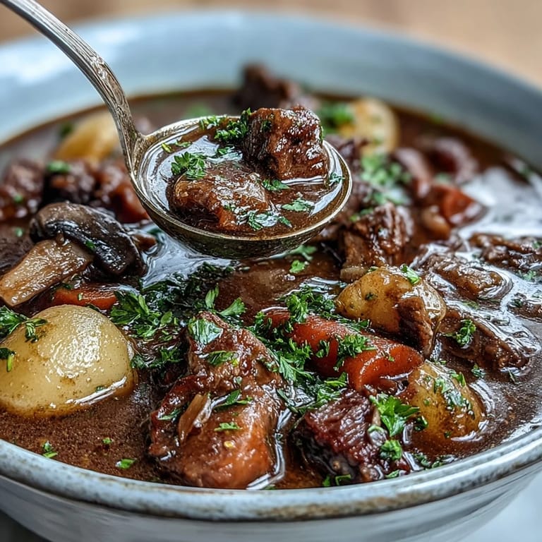 Savory Guinness-free Irish stew packed with tender potatoes, carrots, parsnips, and flavorful mushroom meat in a thick vegetable base.