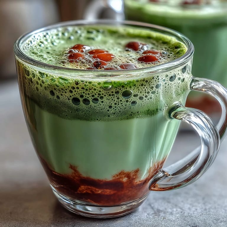 Strawberry Matcha Latte with Oat Milk Foam - Silky strawberry syrup blends with whisked matcha and a cloud of vanilla oat milk foam for a refreshing vegan treat.