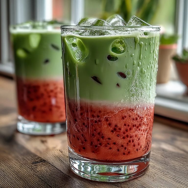 Layered iced latte featuring bright strawberry purée, smooth matcha, and creamy coconut milk — perfect for warm weather sipping.