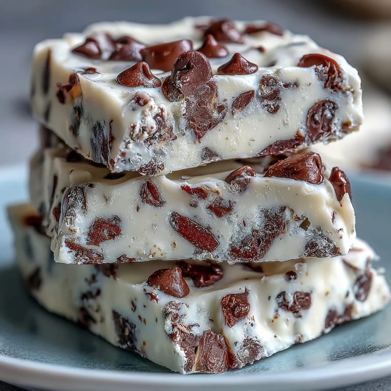 Frozen Greek yogurt bark with cottage cheese and cookie dough flavors, topped with chocolate chips for a protein-packed snack.