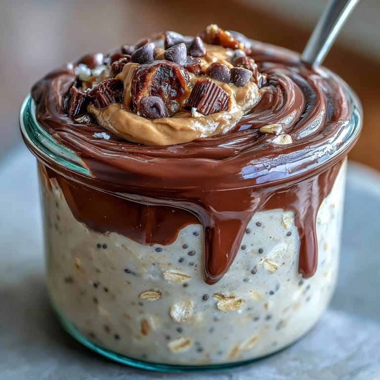 Velvety peanut butter cup overnight oats with cocoa drizzle, Greek yogurt, and chia seeds—perfect for a satisfying, protein-packed sweet treat.