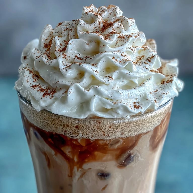 Blended vanilla bean frappuccino with almond milk, topped with light whipped cream and a sprinkle of cinnamon for extra flavor.