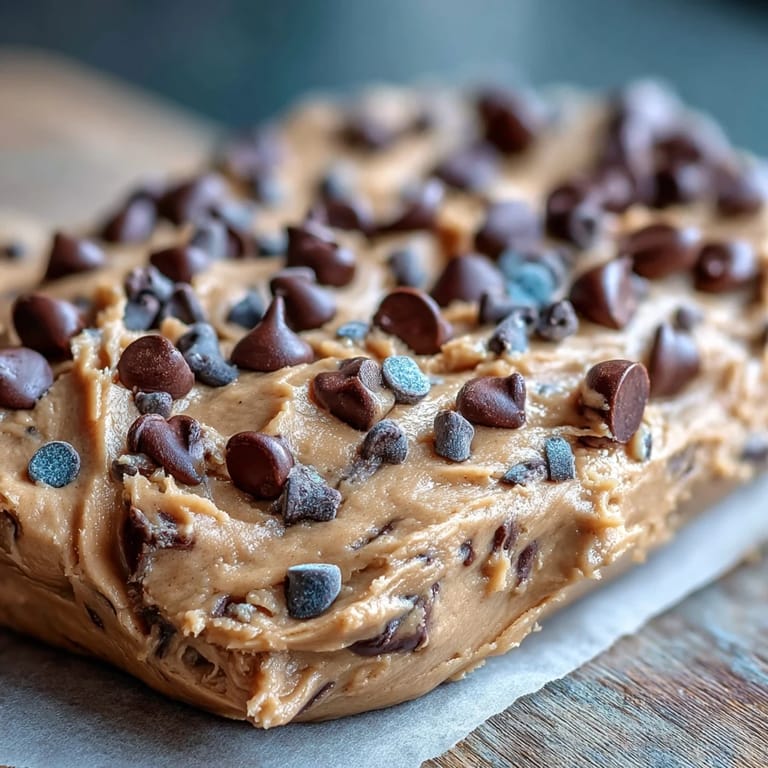 Indulgent edible protein cookie dough studded with mini chocolate chips, offering a guilt-free dessert or energy-boosting snack.