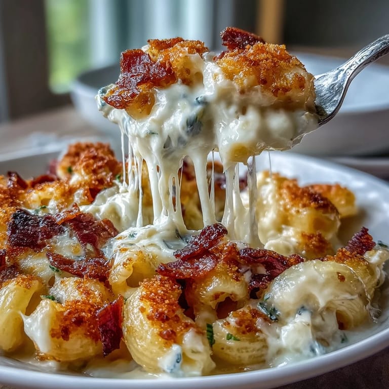 Rich macaroni and cheese bake topped with savory bacon panko crumbs, bubbling and golden straight from the oven.