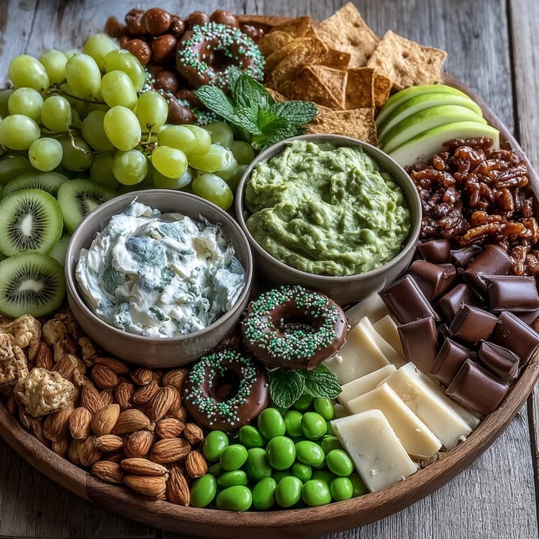 Colorful array of green-themed snacks including grapes, kiwi, cucumber, and mint chocolate candies on a party platter.  