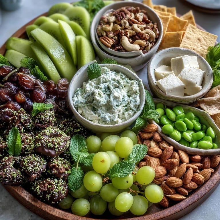 Vibrant St. Patrick's Day treats board featuring guacamole, edamame, green apple slices, and festive candy accents.