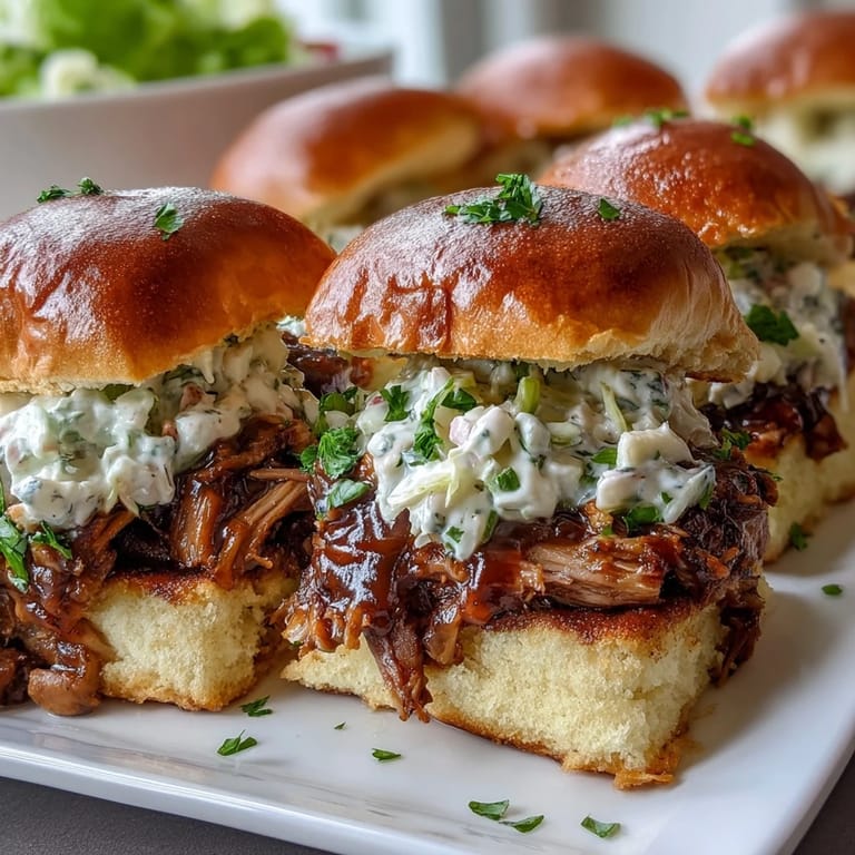 Tender pulled pork simmered in smoky barbecue sauce, served on warm buns with fresh coleslaw for a crowd-pleasing appetizer.