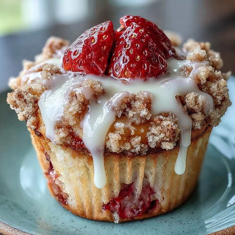 Moist muffins bursting with fresh strawberries and a buttery crumb topping, ideal for brunch gatherings.  