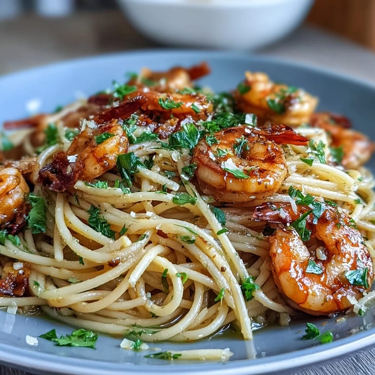 Lemon garlic shrimp pasta with vibrant lemon zest and red pepper flakes served on a rustic dinner table.  