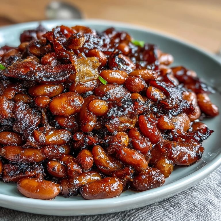 Tender navy beans baked in smoky molasses sauce with caramelized onions and bell peppers, topped with golden bacon.