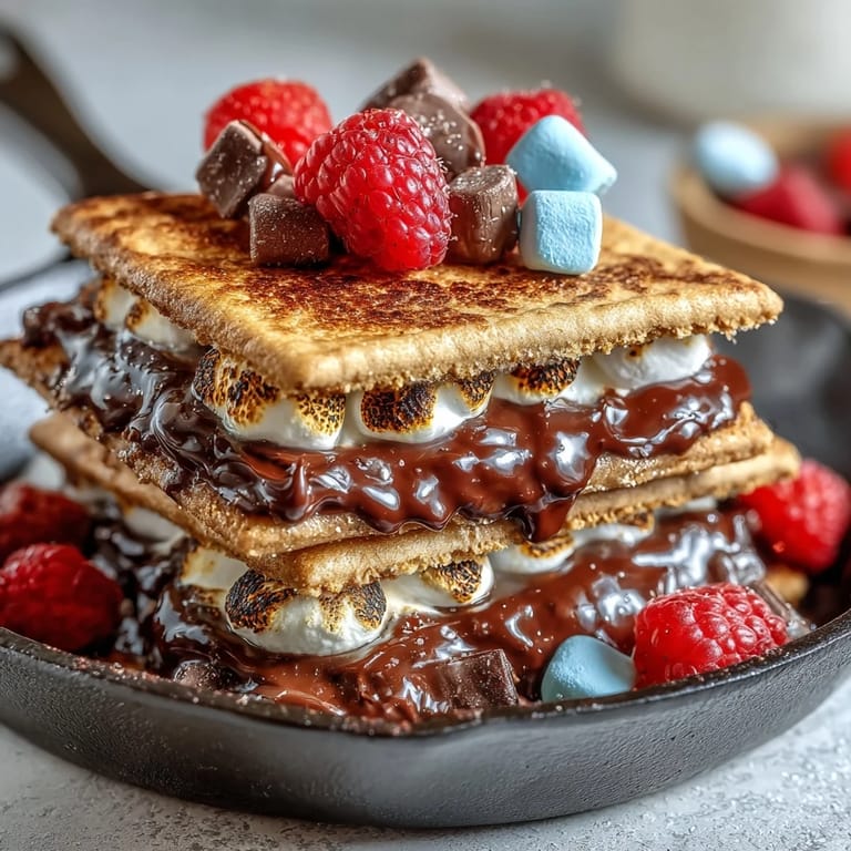 Festive 4th of July smores dip baked in a cast iron skillet, featuring golden marshmallows over rich chocolate and patriotic candy sprinkles.