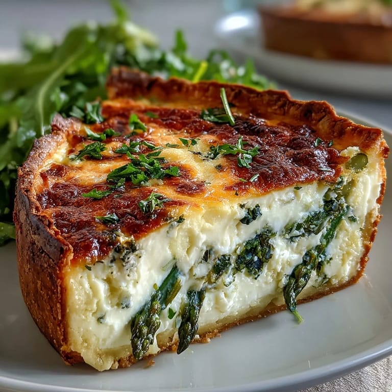 Elegant asparagus and Brie quiche, baked to golden perfection, ideal for a special occasion breakfast.