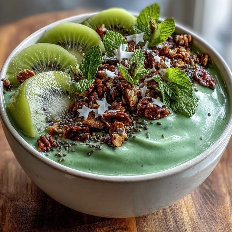 Creamy green protein smoothie bowl featuring fresh spinach, avocado, and banana, artfully decorated with kiwi shamrock and crunchy granola for a festive St. Patrick's Day breakfast.