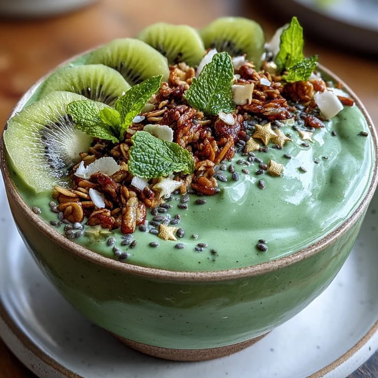 Festive green shamrock protein smoothie bowl with spinach, banana, and vanilla protein, topped with kiwi clover, mint leaves, coconut flakes, and edible gold stars for St. Patrick's Day.