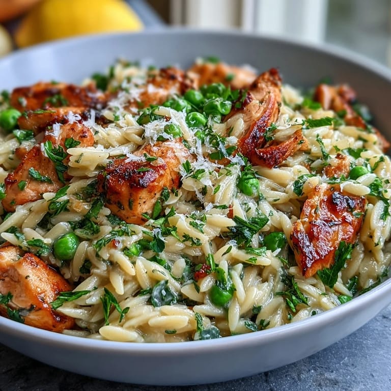 Cozy spring meal of lemon orzo, chicken, and peas in a single pot, topped with fresh herbs and citrus zest.