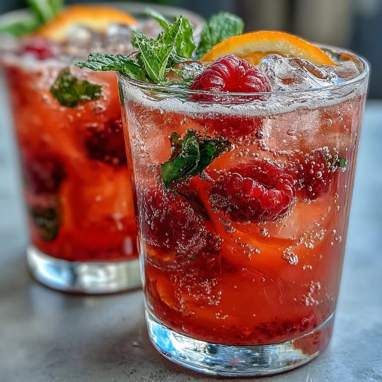 Vibrant raspberry lemon spritz mocktail garnished with mint, lemon slices, and whole berries—perfect summer party drink.