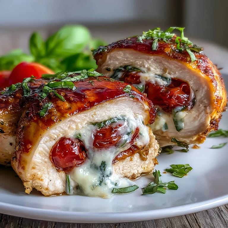 Caprese Stuffed Chicken Breast: juicy chicken breasts stuffed with mozzarella, ripe tomatoes, and basil, baked to perfection and finished with balsamic glaze.