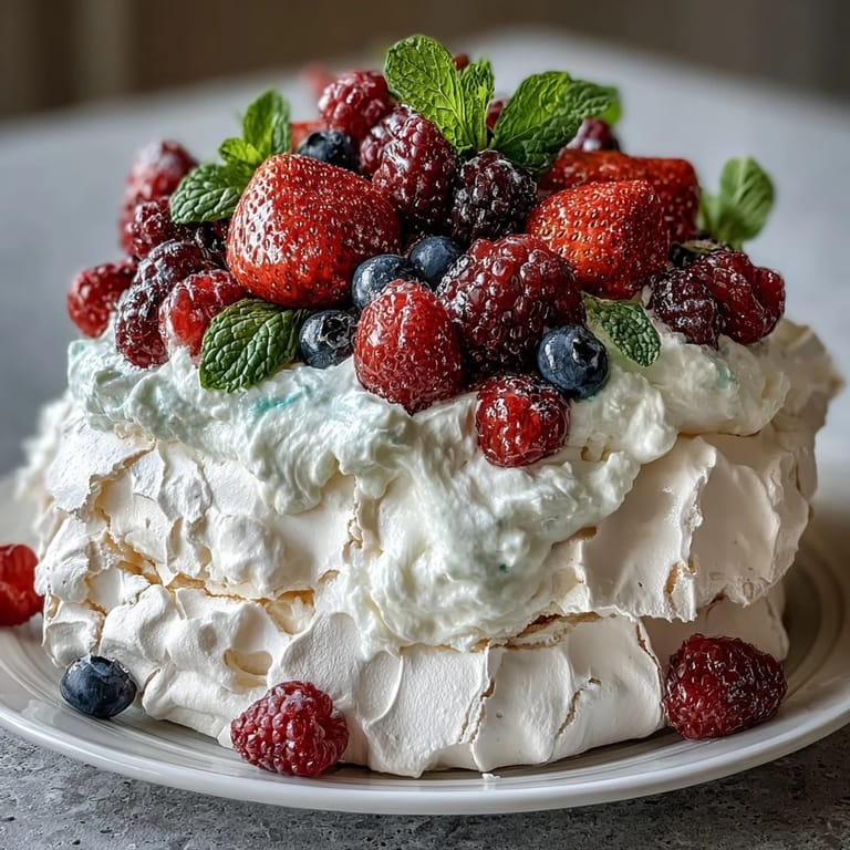 Classic pavlova with a light, crisp exterior and soft center, generously adorned with fresh berries and luscious vanilla cream.