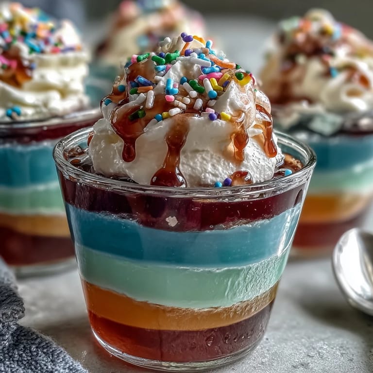 Rainbow Jello Cups for Kids: Clear cups filled with colorful Jello layers, finished with a swirl of whipped cream and festive rainbow sprinkles.